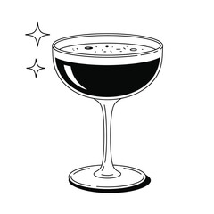 Elegant Coupe Glass Cocktail Illustration with Sparkling Stars in Black and White
