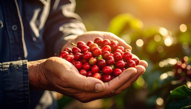 Harvesting ripe coffee cherries brings joy and satisfaction to farmers, showcasing vibrant red fruits in hands