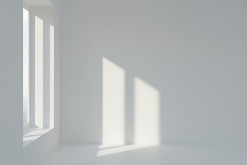 Fototapeta premium Sunlight streams through tall windows casting geometric shadows on clean white walls of an empty room