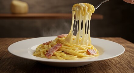 Creamy Carbonara Pasta with Stringy Cheese, a Delicious Italian Delight