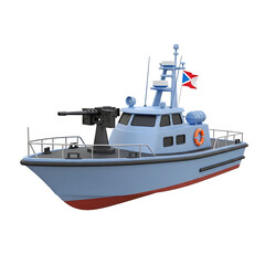 Obraz premium a detailed 3d model of a small armed patrol boat isolated on a transparent background with realistic features.