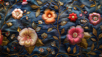 Patterned brocade textile with metallic thread and floral embroidery.