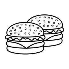 Two outline burgers with sesame seeds on white background illustration