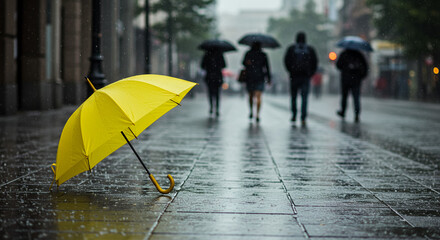 Yellow umbrella on the wet street during rainy autumn day with people walking in background
