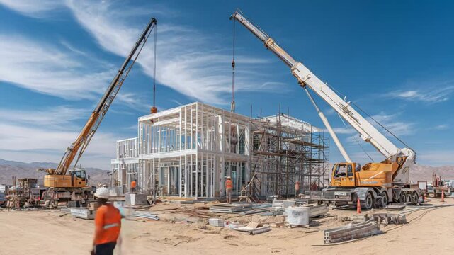 Construction site featuring cranes lifting materials for a new house under a bright blue sky.