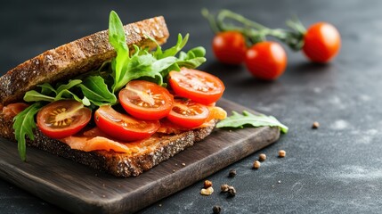 A delectable gourmet sandwich presented with fresh tomatoes, greens, and rich colors, perfect for showcasing culinary art and healthy eating concepts in lifestyle imagery.