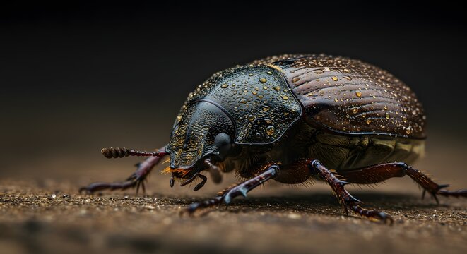 Extreme close-up macro photograph of a dung beetle with water droplets on its carapace, highlighting its intricate details and textured exoskeleton against a blurred background