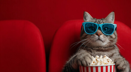 Tabby cat wearing blue sunglasses and holding a bucket of popcorn watches a movie in a red cinema background. Cinema, entertainment and pet concept. Funny animal for poster, commercial, design