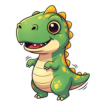 cute cartoon dinosaur character with green body and big eyes in a playful pose.