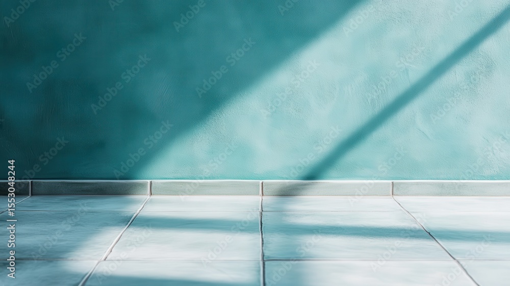 Poster a minimalist image showcasing a teal wall contrasted with light and shadow, creating a serene and ca