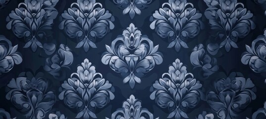 Luxurious Floral Damask Seamless Pattern in Ornate Dark Navy Background for Elegant Textile Design