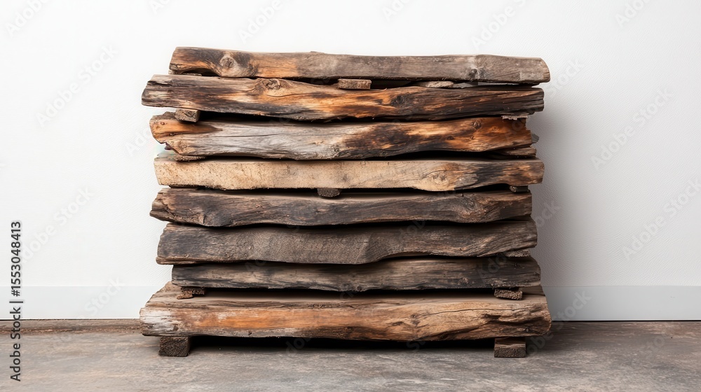 Poster a vertical stack of rustic and weathered wooden planks showcasing unique textures and colors, ideal 