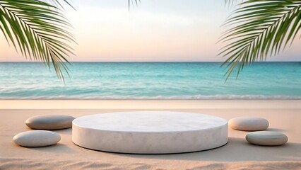 Obraz premium Empty stone podium on sandy beach with palm leaves and ocean background