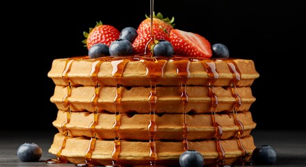 Golden Waffles Drizzled with Syrup and Topped with Fresh Berries