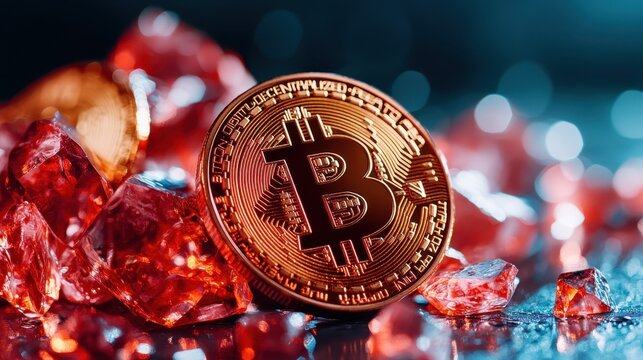 A captivating composition of a Bitcoin coin placed amidst dazzling red gemstones, representing the intersection of digital currency and luxury in a visually striking manner.