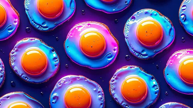 Colorful neon fried eggs pattern creating a vibrant culinary background.