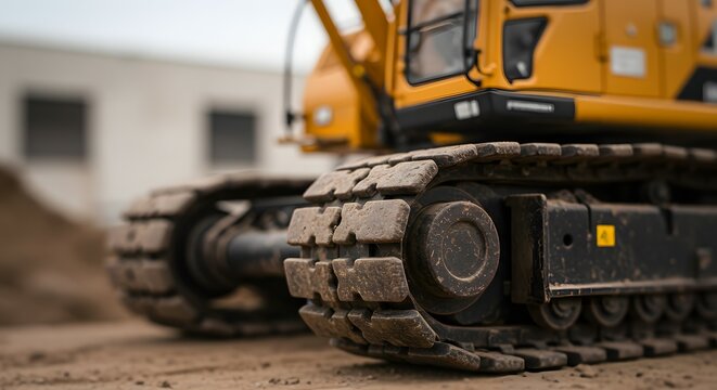 Close-up detail of a heavy-duty construction excavator's rugged rubber tracks and sturdy metal components resting on dusty soil at a busy work site