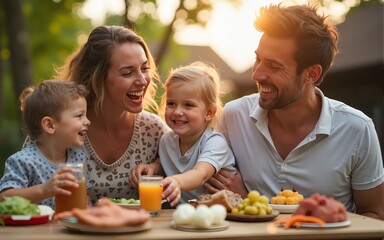 Happy family having a barbecue party. High quality
