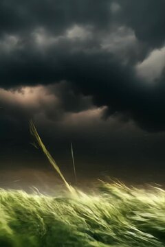 Violent storm clouds over a grass field, lightning strikes close up