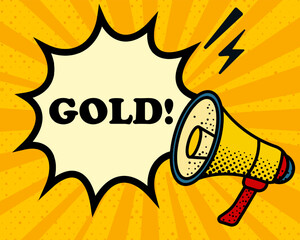 Gold speech bubble. Megaphone, lightning, speech burst, sound lines, pop art style, loudspeaker, public speaking, yellow background, expression, voice, alert, broadcast