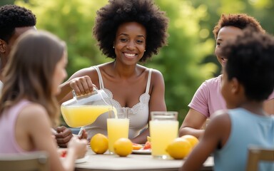 Portrait of smiling black woman pouring lemonade drinks to glass during family gathering outdoors. High quality