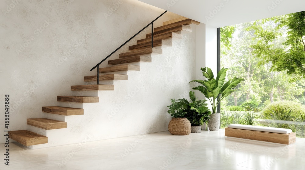 Poster this image features a sleek, modern open staircase with wooden steps, surrounded by lush greenery an
