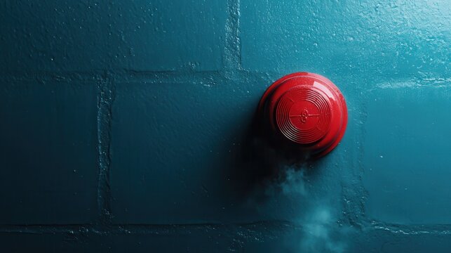 A striking image of a bright red fire alarm against a cool blue wall, symbolizing safety, alertness, and contrasting colors that evoke a sense of urgency and awareness.