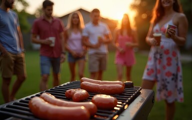 Summer barbecue party in backyard with six people, 4th of July, focus on grill with sausages, evening lights, warm tones. Copy space. High quality