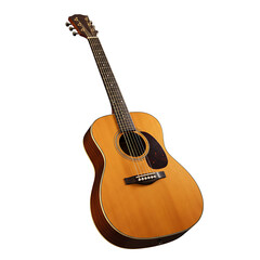Naklejka premium Acoustic guitar, a musical instrument with strings, is artfully captured against a Transparent background, showcasing its craftsmanship and warm tones.