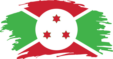 Burundi national flag in grunge brush stroke style with red and green cross, white background, three stars

