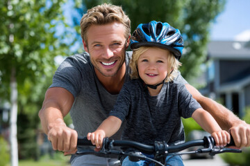 Smiling father and son enjoy a bike ride in a suburban neighborhood on a sunny day