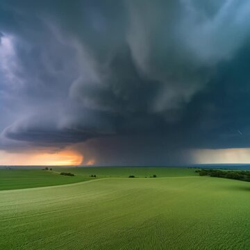 Violent storm clouds over a grass field, lightning strikes close up