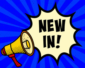 New in announcement speech bubble. Megaphone, speech burst, comic style, bright background, communication element, expression tool, voice projection, information sharing, pop art design.
