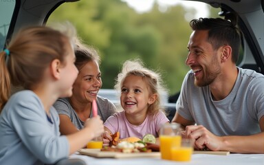 Multi-generation family sitting and eating outdoors by car, caravan holiday trip. High quality