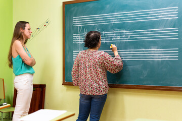 Music teacher writing musical notes on blackboard during lesson in academy