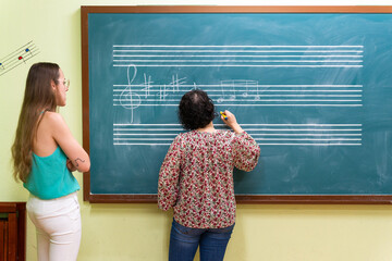 Music teacher writing musical notes on blackboard during lesson