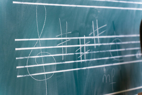Learning music notes written on green chalkboard in academy