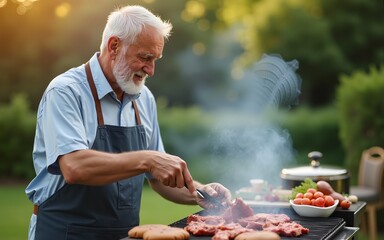 food, people and family time concept - senior man cooking meat on barbecue grill at summer garden bbq party. High quality