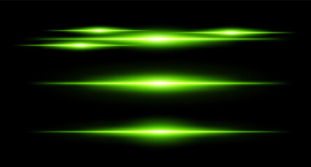 Horizontal green flare beams in stacked layout on dark background with smooth gradients and glow effect. Sci-fi or HUD visual element.