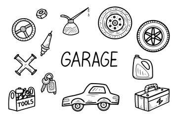 Car garage set. Hand drawn doodle vector. Vehicle repair business equipment. Mechanic tools. Tire change. Oil, spark plug, steering wheel, gasoline, wrench. Auto service. Illustration line art.