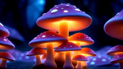 Close-up of magical glowing purple mushrooms pulsing with warm light in a dark enchanted forest at night - Powered by Adobe