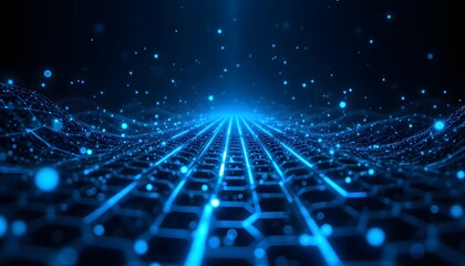 A complex, interconnected network of luminous blue hexagonal cells forms a dynamic grid that recedes into a deep, almost infinite darkness