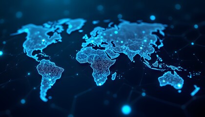 A network of interconnected glowing lines and points illuminates a dark blue, textured background, resembling a stylized world map