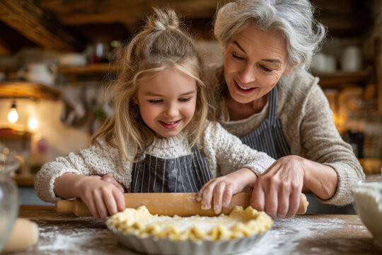 Grandmother and granddaughter making pie crust in cozy kitchen together on a sunny afternoon