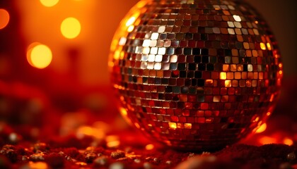 A high resolution, close up color photograph showcasing a multifaceted disco ball illuminated by a warm, vibrant orange light source