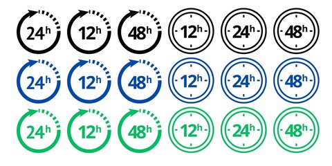 A set of 18 clock face icons in black, blue, and green, depicting 12h, 24h, and 48h timeframes with rotating arrows and dotted outlines. Ideal for indicating time limits or durations.