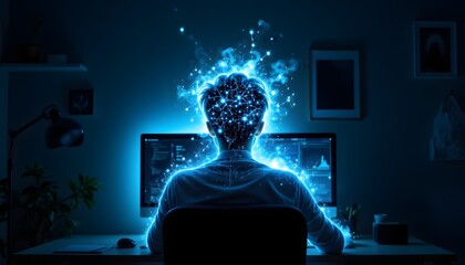 A person sits in front of a computer screen, illuminated by its glow