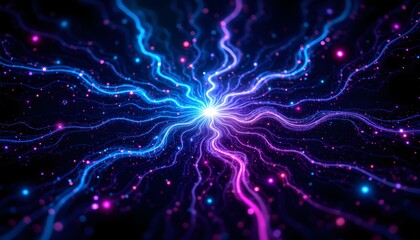Intricate, computer generated patterns resembling a stylized, glowing nebula, showcasing vibrant hues of blue, purple, and pink interwoven with threads of light against a deep black backdrop