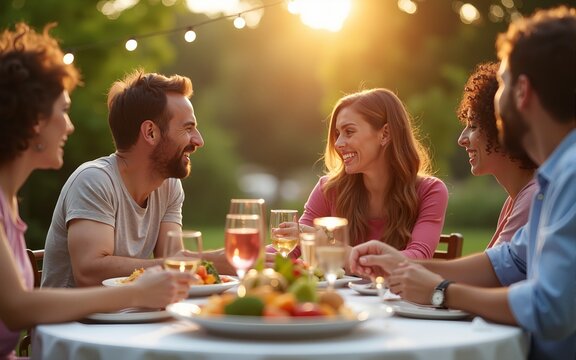 happy family having dinner or summer garden party. High quality - Powered by Adobe