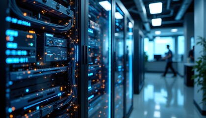 A brightly lit office space features a network server rack with blinking LED lights, intertwined cables, and cooling fans, symbolizing data processing and network infrastructure